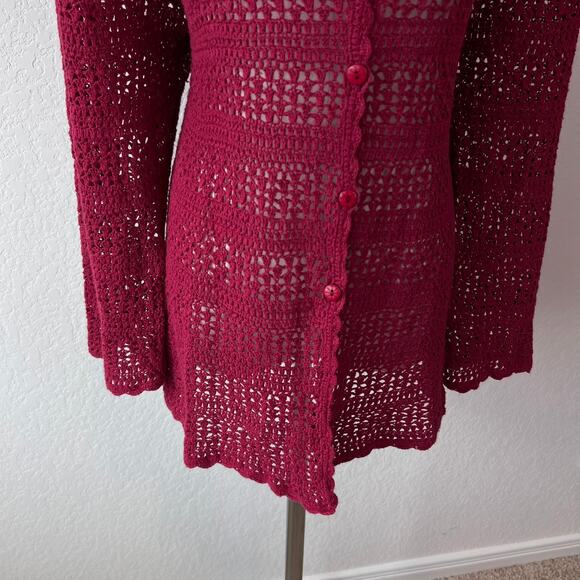 Vintage Y2K Crochet Button Up Cardigan Sweater size Large Burgundy Whimsygoth - Picture 10 of 11